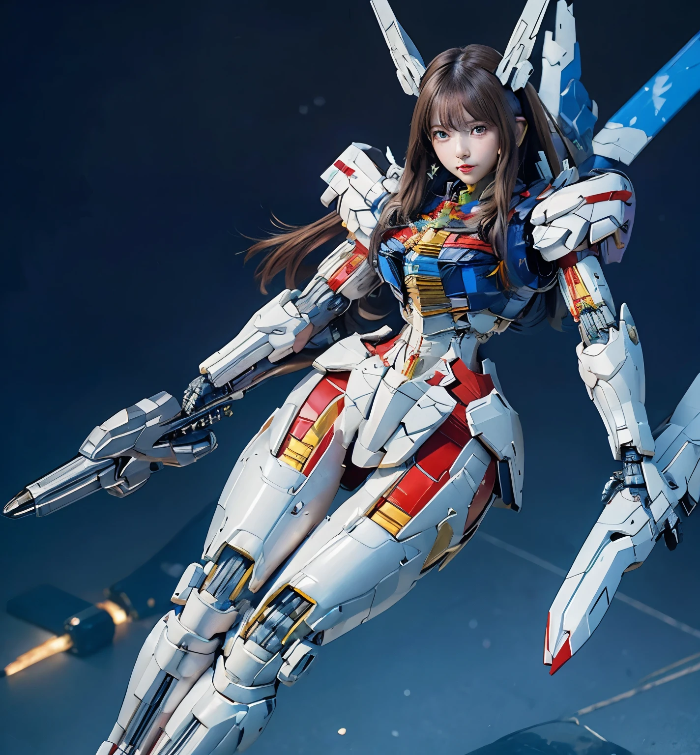 Textured skin, Super Detail, Attention to detail, high quality,high quality, High resolution, 1080p, hard disk, beautiful,(Gundam Aerial),Beautiful cyborg woman,Mecha Cyborg Girl,battle mode,Girl with a mechanical body,She wears a futuristic Gundam mecha,Full Body Shot