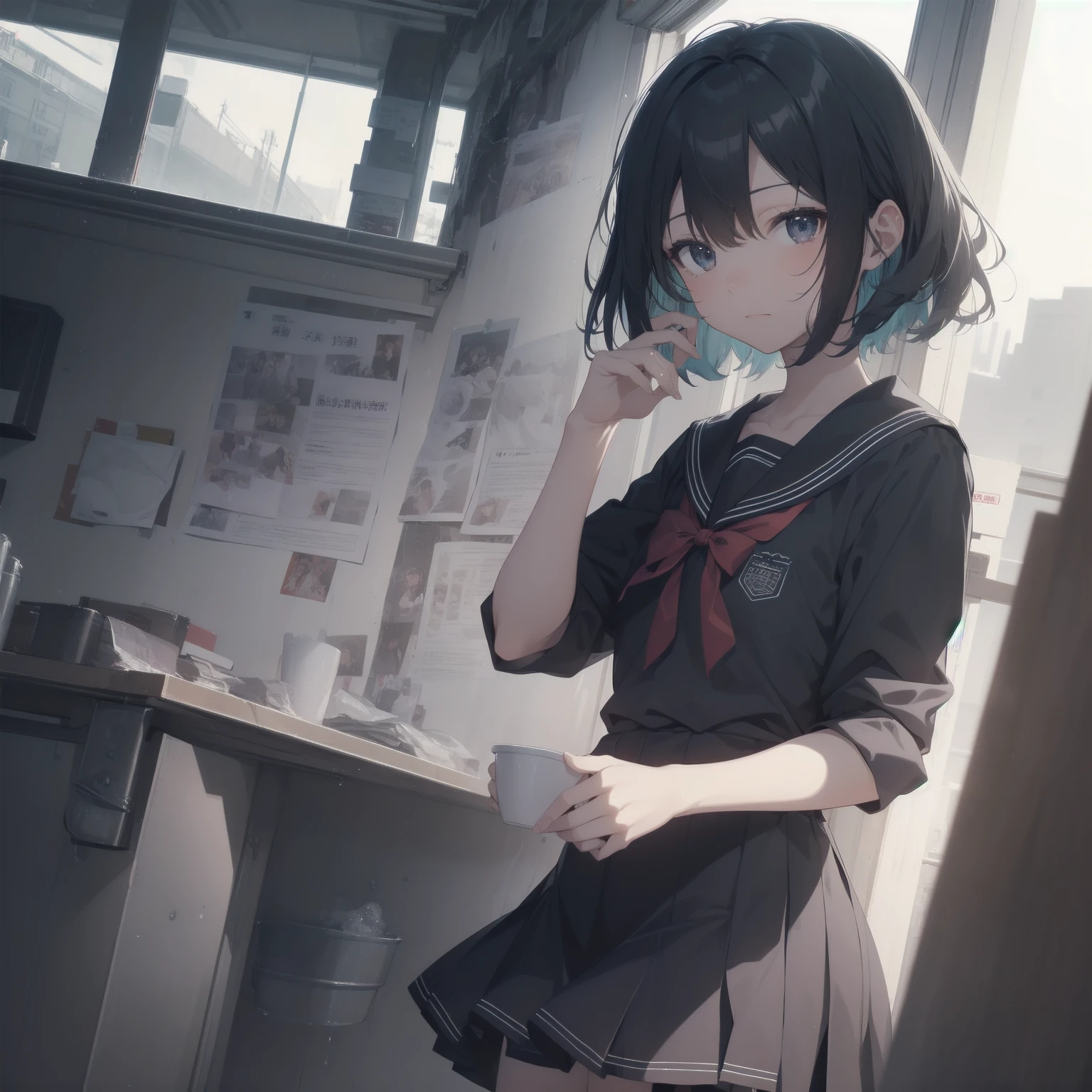 ultra-absurdres-Top quality by artist God, ultra-detailed, high resolution, anime moe artstyle, best anime 8k konachan wallpaper, pixiv contest winner, pool:2810, perfect anatomy,break, 1girl, (Please draw a girl walking sleepily to school alone. )break,(Solo,little female, 13-year-old:1.3),Full limbs, complete fingers,a junior high school student, (very short hair), short cut, flat chest, , small butt, small black eyes, beautiful detailed eyes, well-proportioned iris and pupils, expressive eyes, highres detailed hair, soft expression, salor school_uniform, sailor collar, serahuku, bow, pleated skirt,(Detailed Lighting), (Detailed background), in the School commute route. break,super detailed skin, Best cinematic lighting powered by famous artist, 8k,beauty illustration,photoshop_(medium),very aesthetic,break,((artist:wa_(genryusui) )), artist:clamp ,artist:carnelian ,artist:kantoku ,
