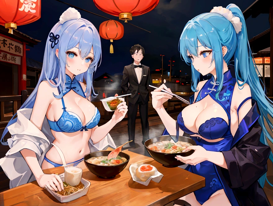Two sisters in underwear and two men in suits eat Chinese food with gusto、Big boobs and small boobs、A thin cute blue bra、Thin cute blue underwear、Large serving of salt ramen, fried rice and gyoza set meal、Beer in a mug、