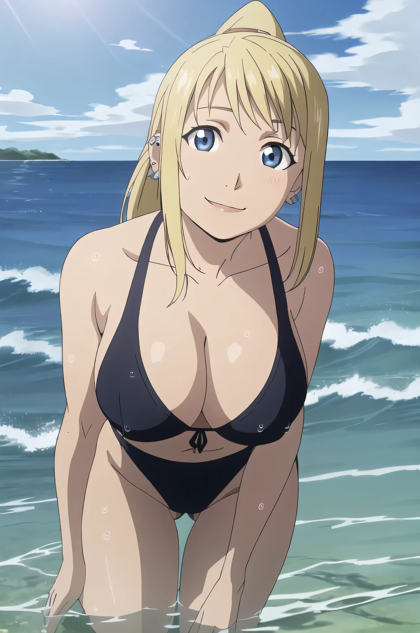 WR, 1girl, solo, portrait, looking at viewer, piercings, ponytail, 1girl, solo, looking at viewer, smile, big breasts, lips, black bikini, huge breasts, small waist, thick thighs, nice thighs, cameltoe, in water, wet, at beach, ocean, waves, clear water, sunny sky, bright day, clear sky, cleavage, perfect quality, good quality, masterpiece, HDR, UHD, 4K, ultra hd, in frame, perfect quality, good quality,