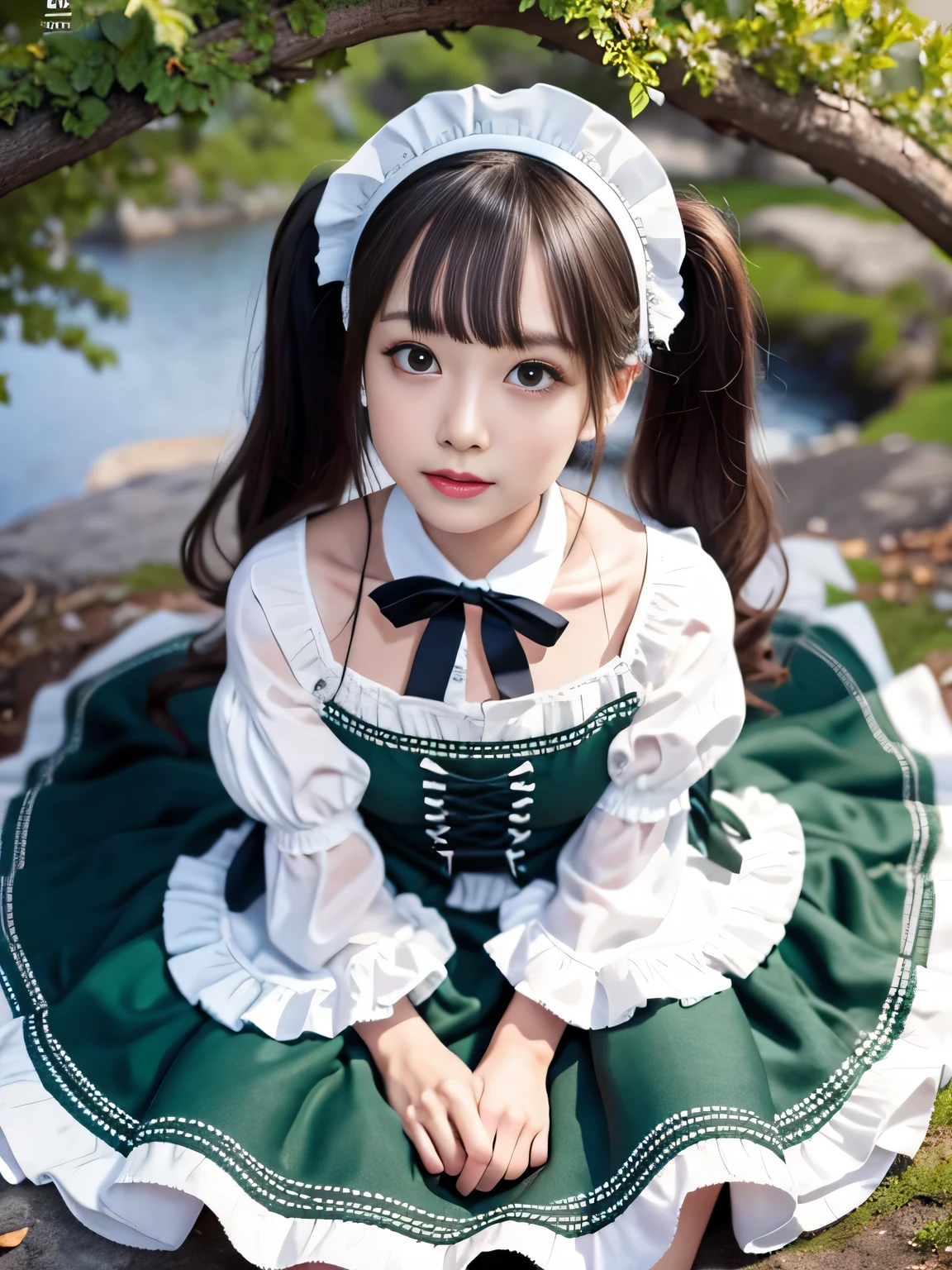 Tabletop, Highest quality, shape, Very detailed, In detail, High resolution, 8k wallpaper, Perfect dynamic composition, ((close:1.3, From above, View your audience)), Beautiful details , (Wearing cotton maid clothes, , Cute Ruffle Girl Dress, Maid's headband, The base color is white、black、green),Twin tails