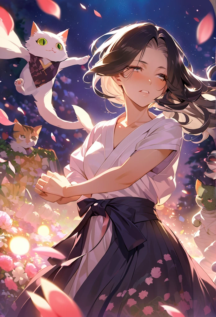 (Ito Shinsui style:1.2) , Hallucination, daydream , nightmare , Insane Dream , bokeh , erotica , romance , cat nymph and realistic cat , Women's hakama from the Meiji period , Petals fluttering down , Single eyelids, round nose, swollen cheeks , glossy lips , Collarbone , Hair blowing in the wind , Meiji period , dynamic dance