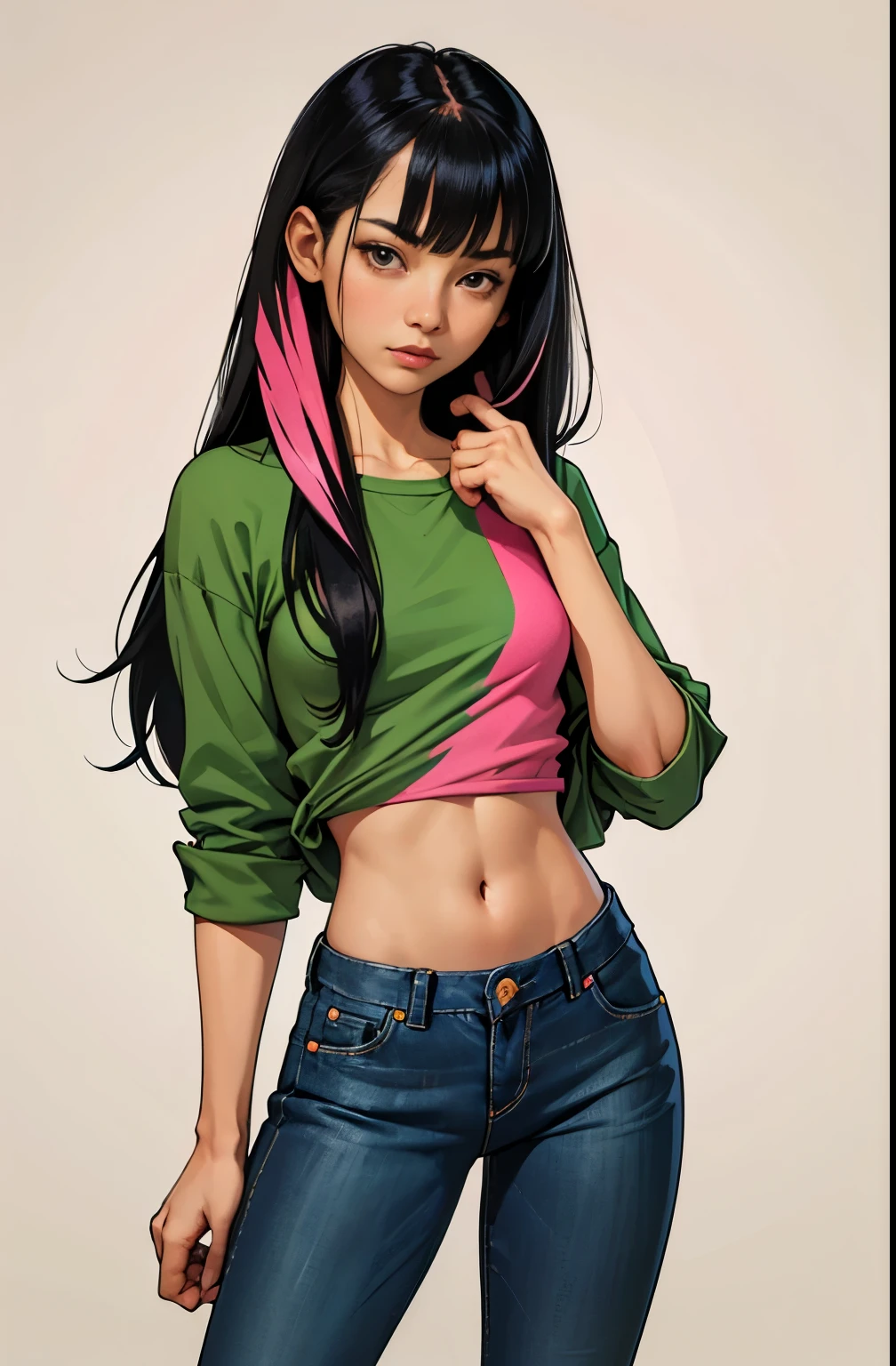 girl, portrait, small breasts, slim, long black hair with pink streak, bangs, juniper lee, hot, soft or colored lips, asian, short green shirt, loose jeans, teenager, simple background, flat colors, perfect hands, perfect anatomy,
