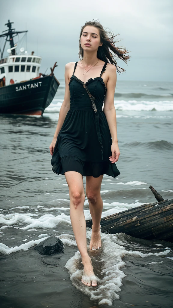 hyper realistic, close up, hyper realistic, reference sheet: 1.8, great details, high quality, masterful work, a beautiful girl walks along the surface of the water at dusk, gloomy atmosphere, wet dress, gloomy background, River, stones, Dry trees, girl in a wet dress, barefoot, оголённые legs, got lost, girl in search, in a torn dress, torn clothes, torn fabric, pieces of cloth, came ashore after a shipwreck, shipwrecks float in the distance, wounds and abrasions on the body, идет и limps, in search of accommodation and food, a seriously wounded girl in scraps of dress and torn fabric, holds the wet hem of her dress with one hand, wounded body, seriously wounded girl can barely walk, blood из раны, blood, Twilight, sunny goes beyond the horizon, it&#39;s getting dark , limps, low horizon, anatomy, legs, правильная anatomy ног, legs в воде, правильная anatom