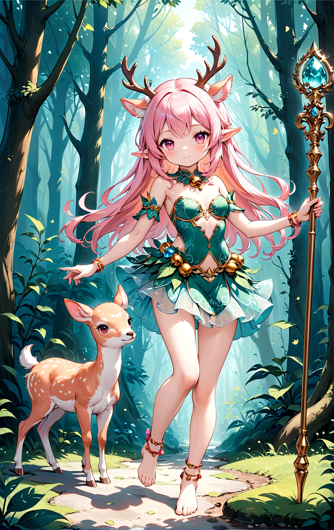 game character,Cartoon anime style,beautiful girl,Cute expression,Fluffy pink hair,Pink Eyes,Cute pink deer antlers,Elf ears,Orange tulle short skirt,Metal gem-encrusted scepter glows,Slender legs,Standing barefoot,Bells on anklets。(((Correct human anatomy))),In the magic forest,A cute white deer