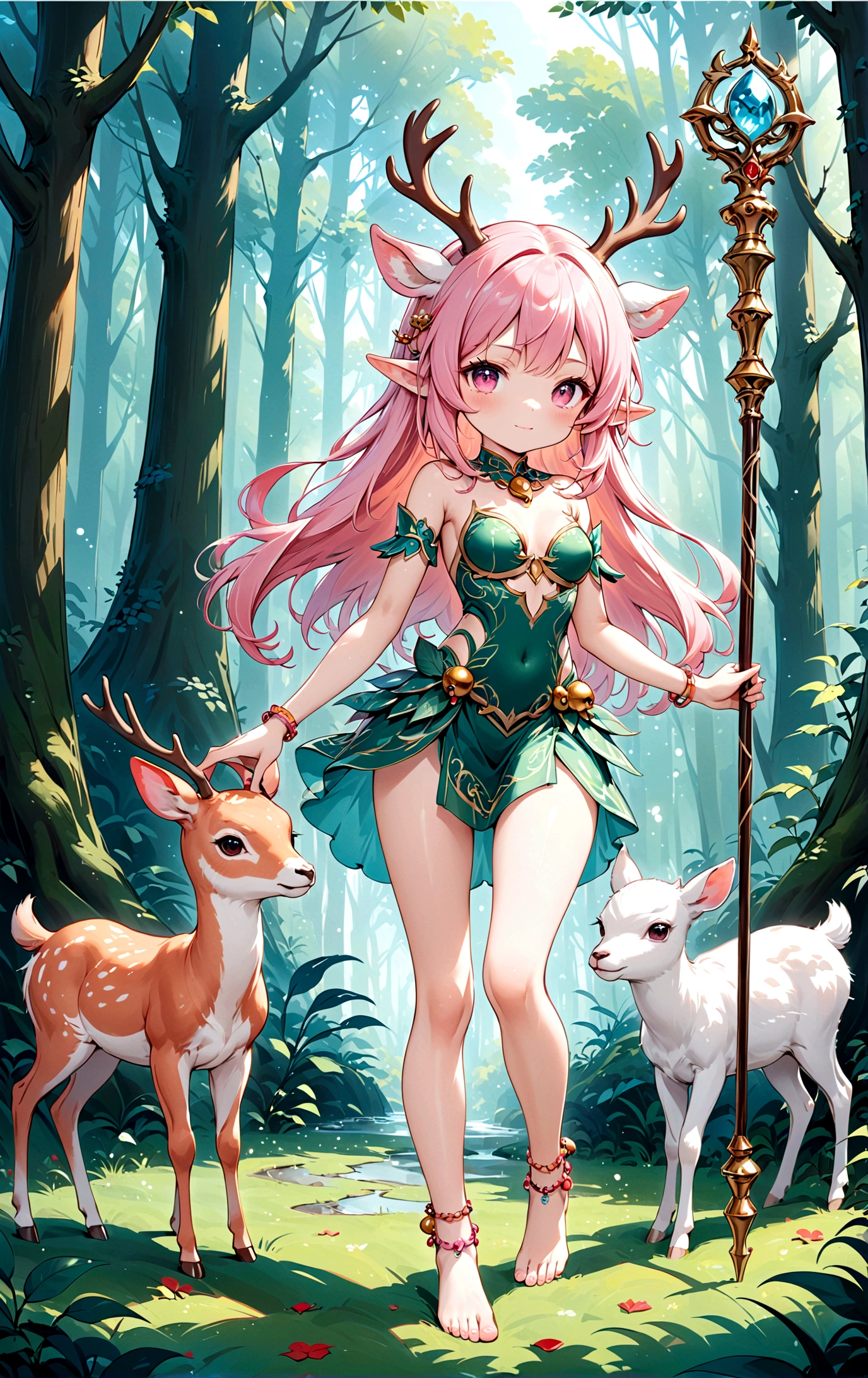 game character，Cartoon anime style，beautiful girl，Cute expression，Fluffy pink hair，Pink Eyes，Cute pink deer antlers，Elf ears，Orange tulle short skirt，Metal gem-encrusted scepter glows，Slender legs，Standing barefoot，Bells on anklets。(((Correct human anatomy)))，In the magic forest，A cute white deer