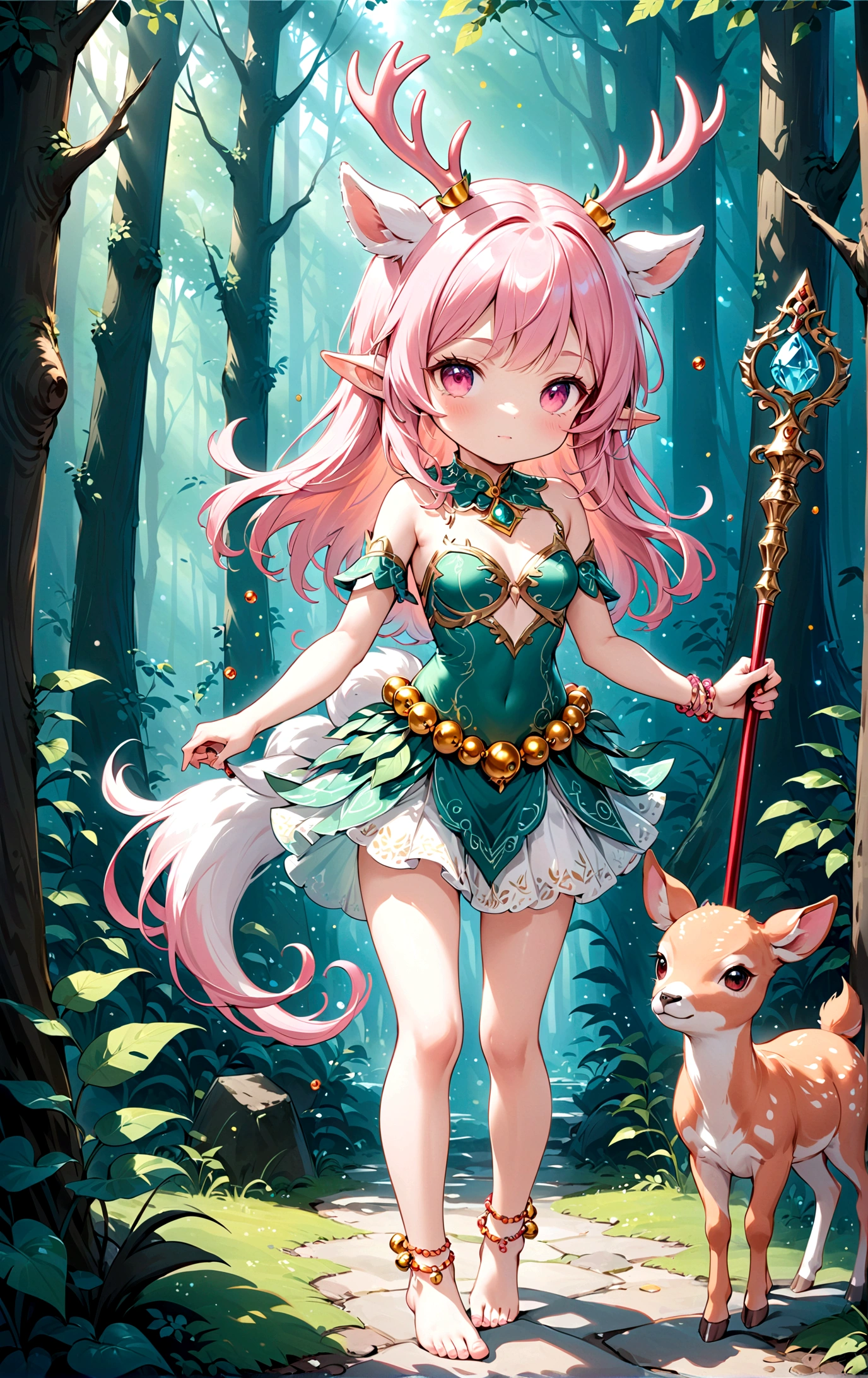 game character,Cartoon anime style,beautiful girl,Cute expression,Fluffy pink hair,Pink Eyes,Cute pink deer antlers,Elf ears,Orange tulle short skirt,Metal gem-encrusted scepter glows,Slender legs,Standing barefoot,Bells on anklets。(((Correct human anatomy))),In the magic forest,A cute white deer