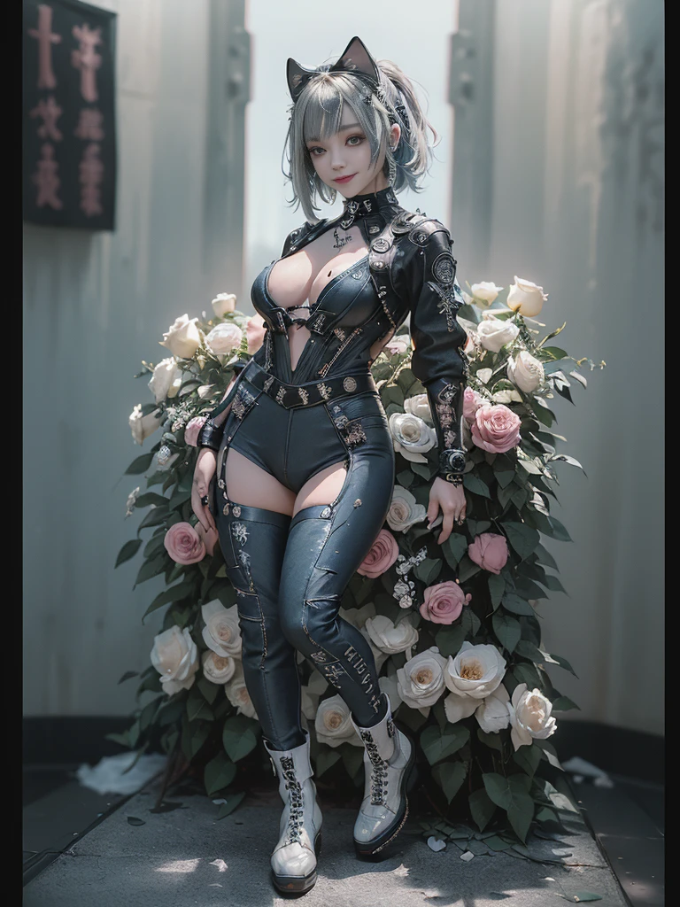 (Full Body View:1.4)、(Full body:1.3)、(Side view:1.1)、(Smiling with teeth showing:1.3),(Shibuya Gal:1.5)、(Gothic ta style fashion:1.5)、(Punk RockVisual Kei:1.5)、(Wearing a futuristic bodysuit with blue intricate details:1.4)、(Racing suit and pants with intricate decorations in white, denim and charcoal:1.5)、(Denim and light blue and white boots:1.3)、((belt))、(Numerous delicate logo marks all over the costume:1.4)、(collar:1.3)、(Striped underwear:1.5)、20-year-old、NSFW、((Highest quality、In 8K、masterpiece:1.3))、Sharp focus:1.2、(Layered Cut、Huge boobs:1.1),Beautiful woman with perfect figure:1.4、(Doing an aerobics pose:1.3)、Slender Abs:1.2、Highly detailed face and skin texture、Detailed eyes、double eyelid,(Short Bob Hair:1.3)、(Brown-golden hair:1.3)、Gravure idol、(The background is a VIP room of a high-class cabaret club surrounded by roses on a sunny day outdoors.:1.3)、(Slim body:1.3),(Make your legs thinner:1.4),(clavicle:1.1)
