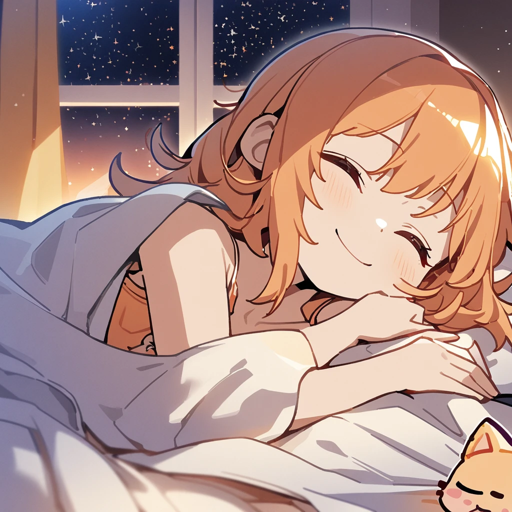 masterpiece、Highest quality、Depth of subject、2D illustration、1 beautiful girl、独奏, (((chibi style)))、((night)), ((window)), ((starry sky)), Long, beautiful hair、Shiny orange hair、cute、Beautifully detailed eyes、((closed eyes))、((blanket))、a cute sleeping kitten on blanket, ((colorful))、Camisole dress、((happy smile))、sleeping on bed, ((close up shot))、((Asleep in bed)), ((in the room))、((There's a lot of pink around))、Thighs、((vivid color))、sparkle、((Lens flare))、