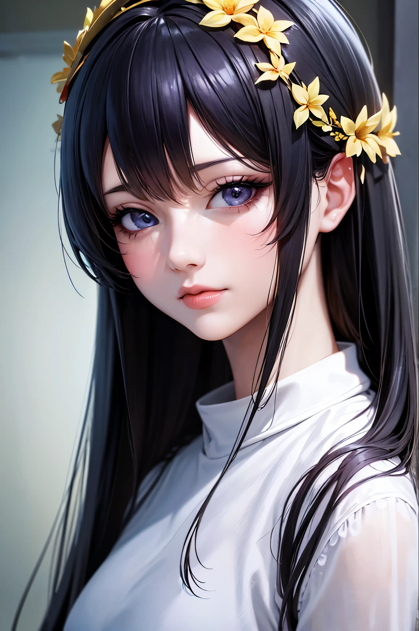 Anime girl with long black hair wearing a white shirt and a flower crown, Beautiful anime portraits, Stunning Anime Face Portraits, Beautiful Anime Girls, Cute realistic portrait, Detailed portrait of an anime girl, Anime Girl Portrait, Realistic Anime 3D Style, realistic Young Anime Girl, Realistic anime art style, Young Anime Girl, Anime realism style, Realistic anime art style