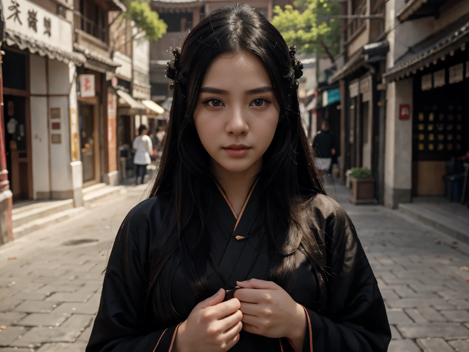 1girl,full body,extremely detailed  face, beautiful detailed eyes,light on face,cinematic lighting,looking at viewer,outdoors,Black hair,(balck Chinese architecture:0.05),hanfu,