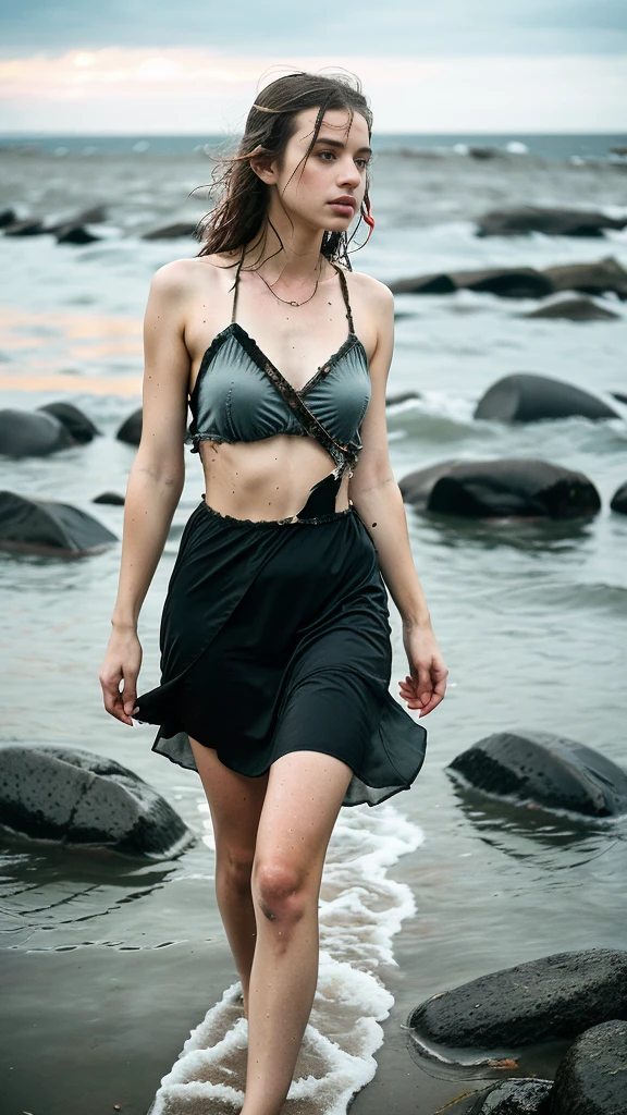 hyper realistic,((( close up ))), hyper realistic, reference sheet: 1.8, great details, high quality, masterful work, a beautiful girl walks along the surface of the water at dusk, gloomy atmosphere, wet dress, gloomy background, River, stones, Dry trees, girl in a wet dress, barefoot, оголённые legs, got lost, girl in search, in a torn dress, torn clothes, torn fabric, pieces of cloth, came ashore after a shipwreck, shipwrecks float in the distance, wounds and abrasions on the body, идет и limps, in search of accommodation and food, a seriously wounded girl in scraps of dress and torn fabric, holds the wet hem of her dress with one hand, wounded body, seriously wounded girl can barely walk, blood из раны, blood, Twilight, sunny goes beyond the horizon, it's getting dark , limps, low horizon, anatomy, legs, правильная anatomy ног, legs в воде, правильная anatom