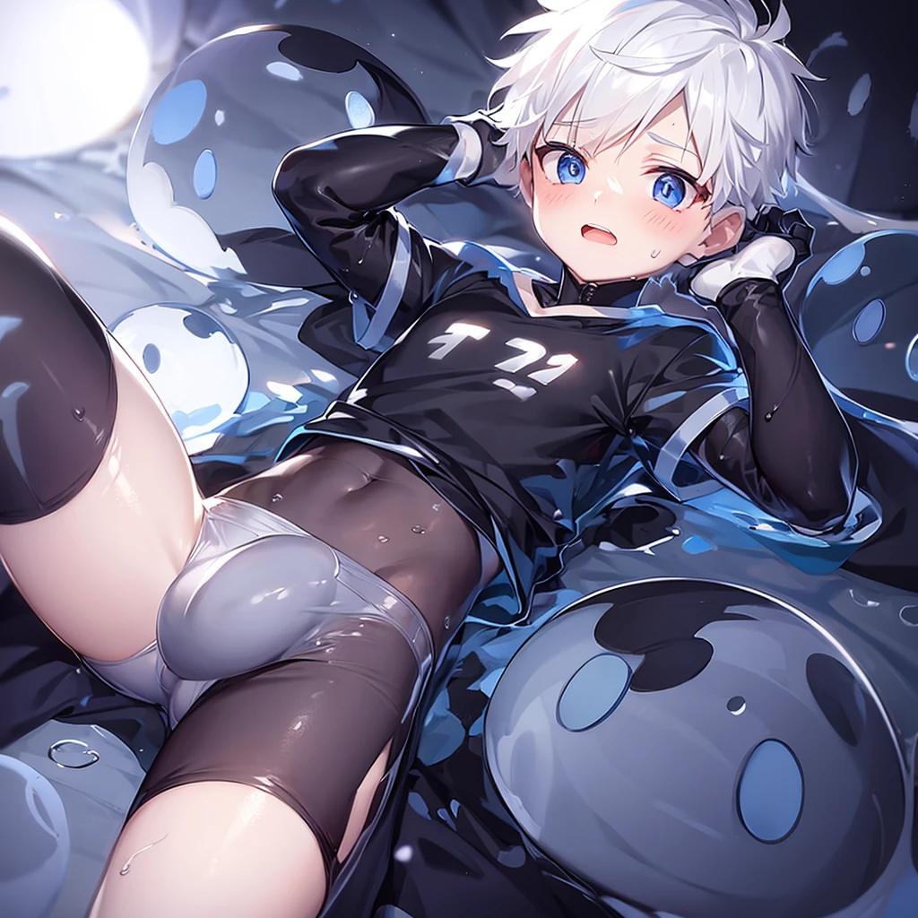 1boy, shota, white hair, blue eyes, short hair, tentacle, bulge, pants, wet clothes, blush, open mouth,