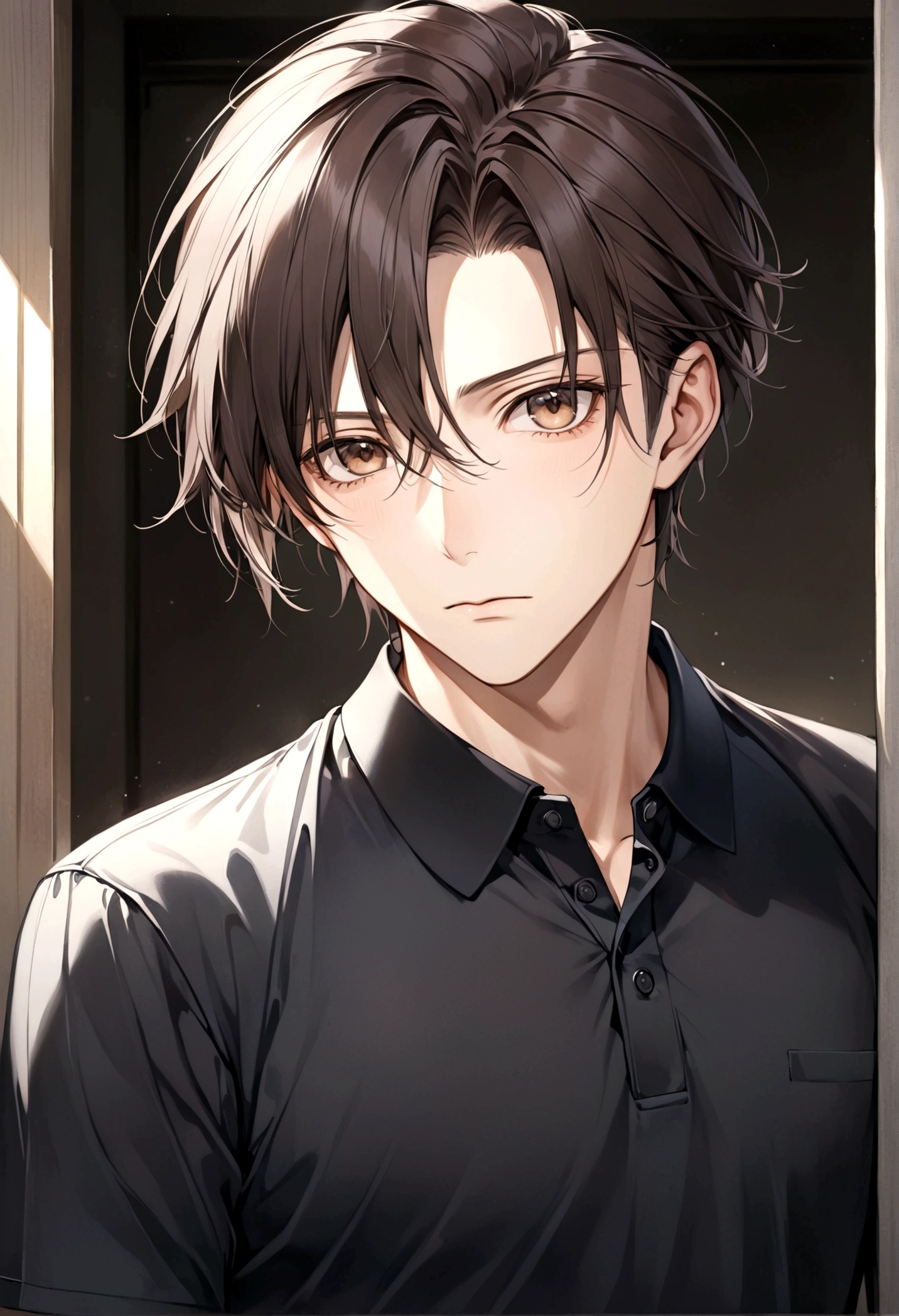 (Men&#39;s black polo shirt), ), (Few whiskers,) Serious and attractive appearance, Dark brown hair,(Light brown eyes), Elegant and stylish, Shaven, A man who looks like Office Morrison, (Realistic and high quality images), ((Best Quality, 8K, masterpiece)、Tokugawa Ieyasu、In a suit、30 years old