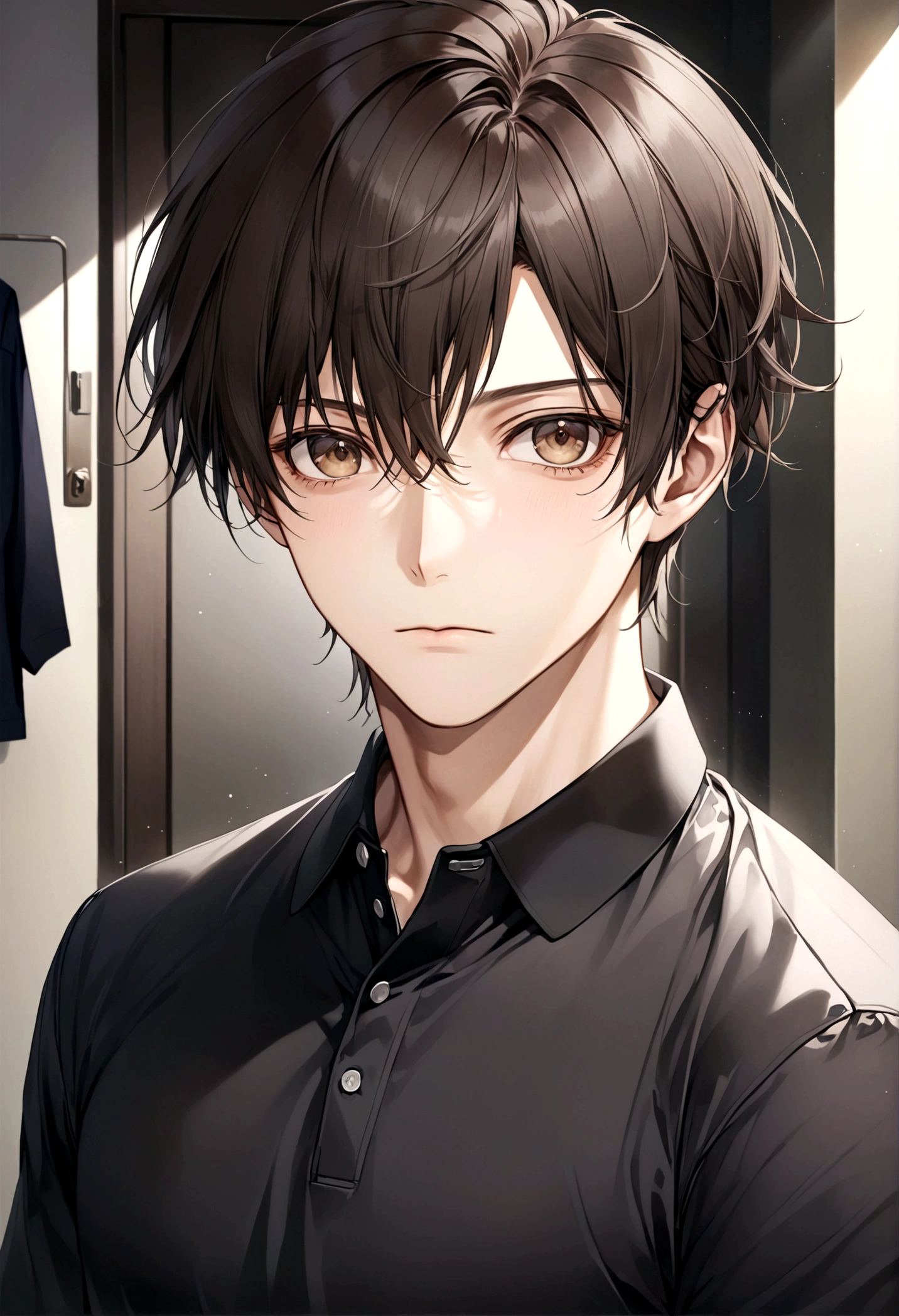 (Men's black polo shirt), ), (Few whiskers,) Serious and attractive appearance, Dark brown hair,(Light brown eyes), Elegant and stylish, Shaven, A man who looks like Office Morrison, (Realistic and high quality images), ((Best Quality, 8K, masterpiece)、Tokugawa Ieyasu、In a suit、30 years old
