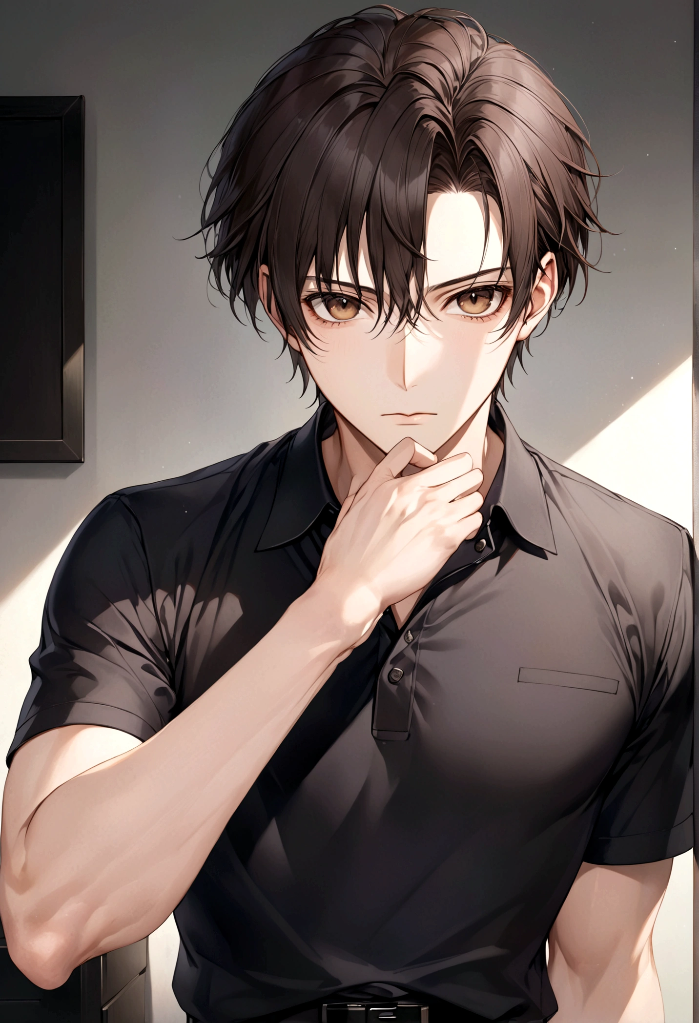 (Men's black polo shirt), ), (Few whiskers,) Serious and attractive appearance, Dark brown hair,(Light brown eyes), Elegant and stylish, Shaven, A man who looks like Office Morrison, (Realistic and high quality images), ((Best Quality, 8K, masterpiece)、Tokugawa Ieyasu、In a suit、30 years old