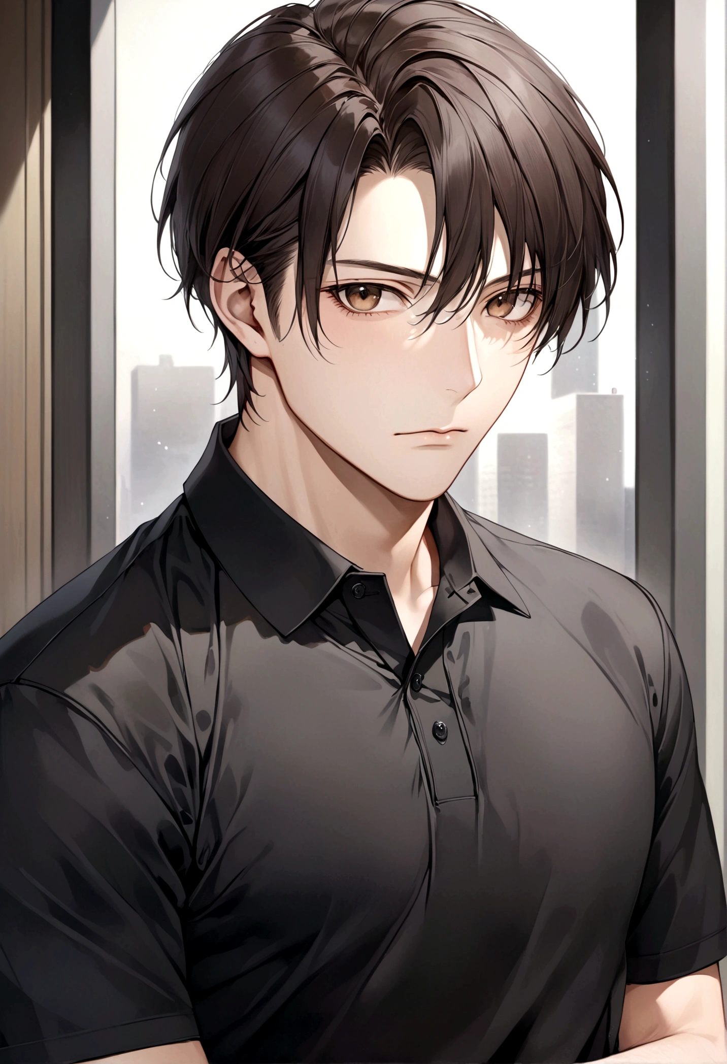 (Men's black polo shirt), ), (Few whiskers,) Serious and attractive appearance, Dark brown hair,(Light brown eyes), Elegant and stylish, Shaven, A man who looks like Office Morrison, (Realistic and high quality images), ((Best Quality, 8K, masterpiece)、Tokugawa Ieyasu、In a suit、30 years old