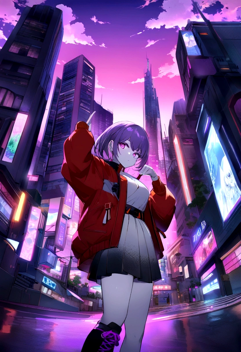 Close-up of a city with a neon sunset background, Synthwave City, Vaporwave City, The Aesthetics of Synthwave, Neon city in the background, Neo Tokyo Background, Background neon big city, Futuristic city background, Cyberpunk aesthetic, The city background is cyberpunk, Purple Cyberpunk City, Cyberpunk city background, Cyberpunk aesthetic, Cyberpunk atmosphere, Cyberpunk cityscape,anime雲, animeの背景, animeスカイ, in Xin Haichengのスタイル, Beautiful fluffy clouds. anime, Xin Haichengのスタイル, Xin Haicheng!, 美しいanimeの風景, based on Makoto Shinkai, anime風景壁紙, Xin Haicheng!!, Xin Haichengのアートスタイル,Japanese girl,Pale skin,Beautiful Face(Purple Hair)Red jacket,Tokyo at Night, Cyberpunk Style,Japanese Streetwear,Tokyo Fashion,Cyberpunk 2 Jacket 077,full length,Attractive pose,Bottom View