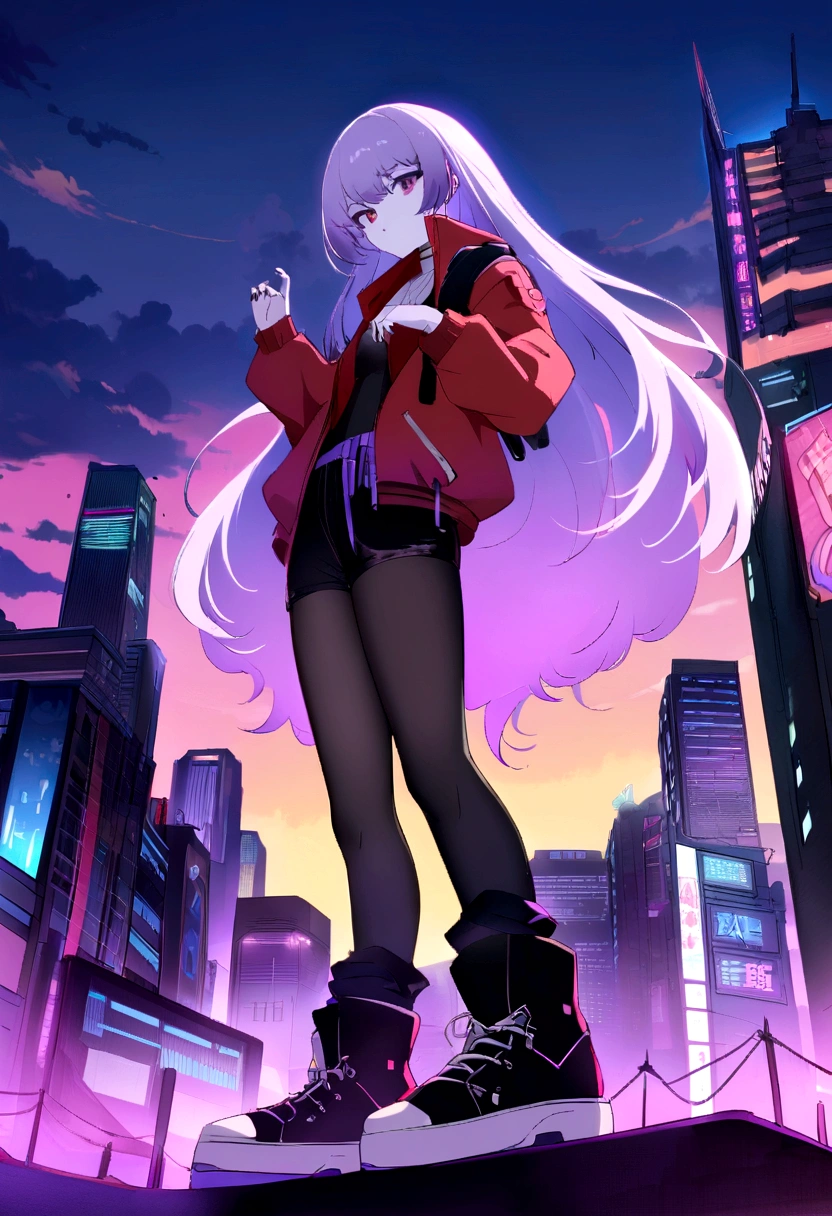 Close-up of a city with a neon sunset background, Synthwave City, Vaporwave City, The Aesthetics of Synthwave, Neon city in the background, Neo Tokyo Background, Background neon big city, Futuristic city background, Cyberpunk aesthetic, The city background is cyberpunk, Purple Cyberpunk City, Cyberpunk city background, Cyberpunk aesthetic, Cyberpunk atmosphere, Cyberpunk cityscape,anime雲, animeの背景, animeスカイ, in Xin Haichengのスタイル, Beautiful fluffy clouds. anime, Xin Haichengのスタイル, Xin Haicheng!, 美しいanimeの風景, based on Makoto Shinkai, anime風景壁紙, Xin Haicheng!!, Xin Haichengのアートスタイル,Japanese girl,Pale skin,Beautiful Face(Purple Hair)Red jacket,Tokyo at Night, Cyberpunk Style,Japanese Streetwear,Tokyo Fashion,Cyberpunk 2 Jacket 077,full length,Attractive pose,Bottom View