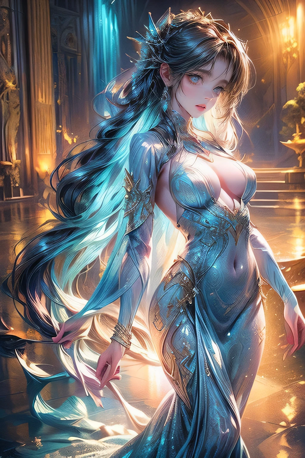 1girl, underwater palace, pretty mermaid princess, long flowing hair, beautiful detailed eyes, beautiful detailed lips, extremely detailed face, porcelain skin, elegant ornate dress, flowing dress, shimmering rainbow colored scales, glowing bioluminescent ocean, sunlight streaming through water, fantastical architecture, (best quality, 4k, 8k, highres, masterpiece:1.2), ultra-detailed, (realistic, photorealistic, photo-realistic:1.37), dramatic lighting, vivid colors, cinematic composition
