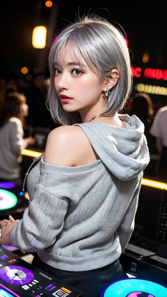 highest quality, Tabletop, 超A high resolution, (Realistic:1.4), (Japanese Idols),RAW Photos, One Girl, night,Detailed skin,nightclub,disco,(bionde:1.2), (silver inner hair:1.3),Glossy lips,28 years old,Beautiful and beautiful eyes,eye shadow,Diamond jewellery,Earrings,Gold Jewelry,(hoodies:1.3),,(Strengthening shoulders:1.2),A well-trained body,(Pixie Cut),Round face,(playing music as a dj:1.5),  (dj:1.2) playing at a vibrant (music festival:1.2) with (energetic crowd:1.1) and (colorful stage lights:1.1), (Back view:1.5 ),Back view,(Distant composition),(back of head),Composition from behind,Looking forward,Look forward