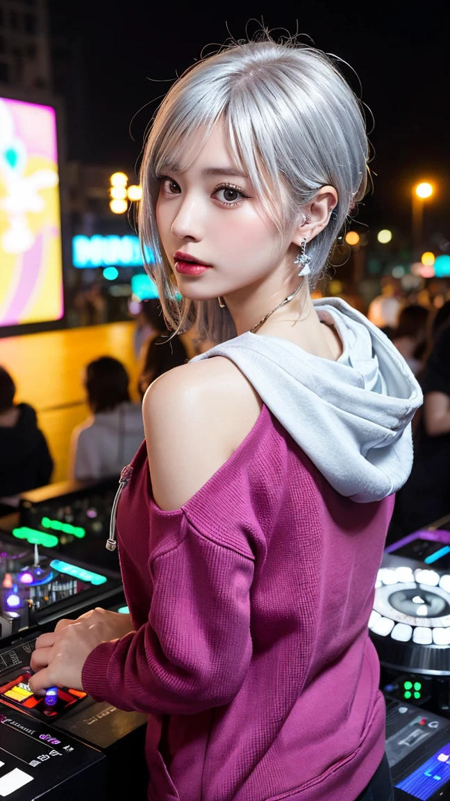 highest quality, Tabletop, 超A high resolution, (Realistic:1.4), (Japanese Idols),RAW Photos, One Girl, night,Detailed skin,nightclub,disco,(bionde:1.2), (silver inner hair:1.3),Glossy lips,28 years old,Beautiful and beautiful eyes,eye shadow,Diamond jewellery,Earrings,Gold Jewelry,(hoodies:1.3),,(Strengthening shoulders:1.2),A well-trained body,(Pixie Cut),Round face,(playing music as a dj:1.5), (dj:1.2) playing at a vibrant (music festival:1.2) with (energetic crowd:1.1) and (colorful stage lights:1.1), (Back view:1.5 ),Back view,(Distant composition),(back of head),Composition from behind,Looking forward,Look forward