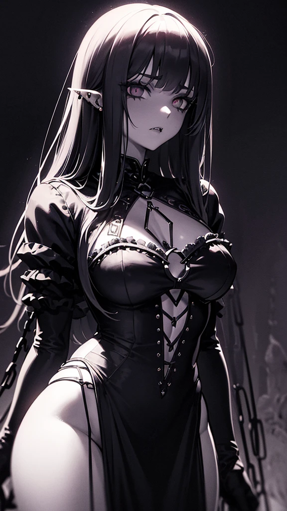 a girl monster, slave, chained, beautifu, Full-length, lots of details, delicate facial features, piercing eyes, sharp fangs, pale skin, thick chains, dark background, cinematic lighting, dramatic shadows, gothic style, moody atmosphere, dark fantasy, high contrast, muted colors