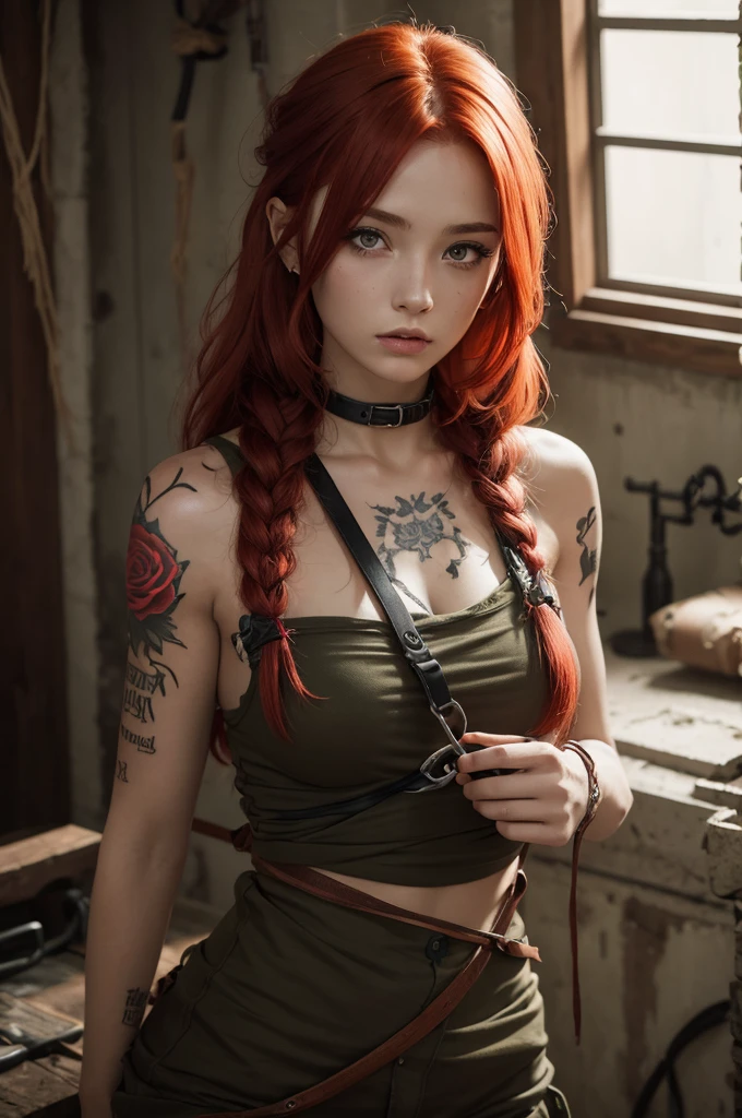 red-haired girl, tied up hair, survival clothing, tattoo on hand of a rose