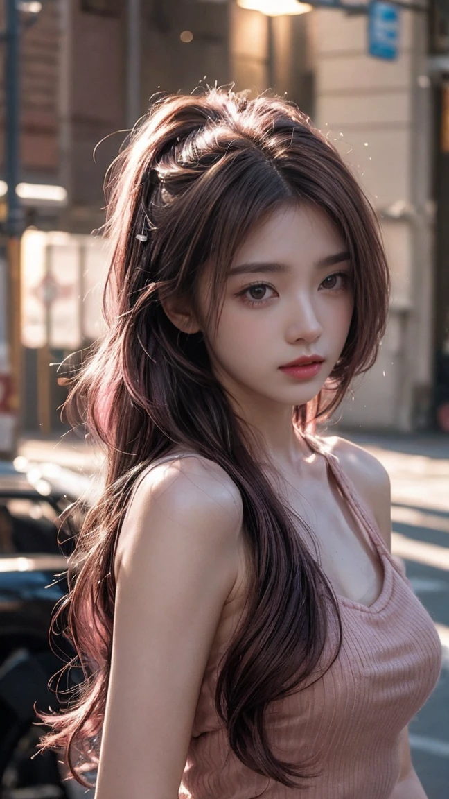 21yo girl,pink hair,long hair,single sidelock hairpin blush modern cinematic lighting,ray tracing,drop shadow wide shot UHD,textured skin,high details,best quality 4K