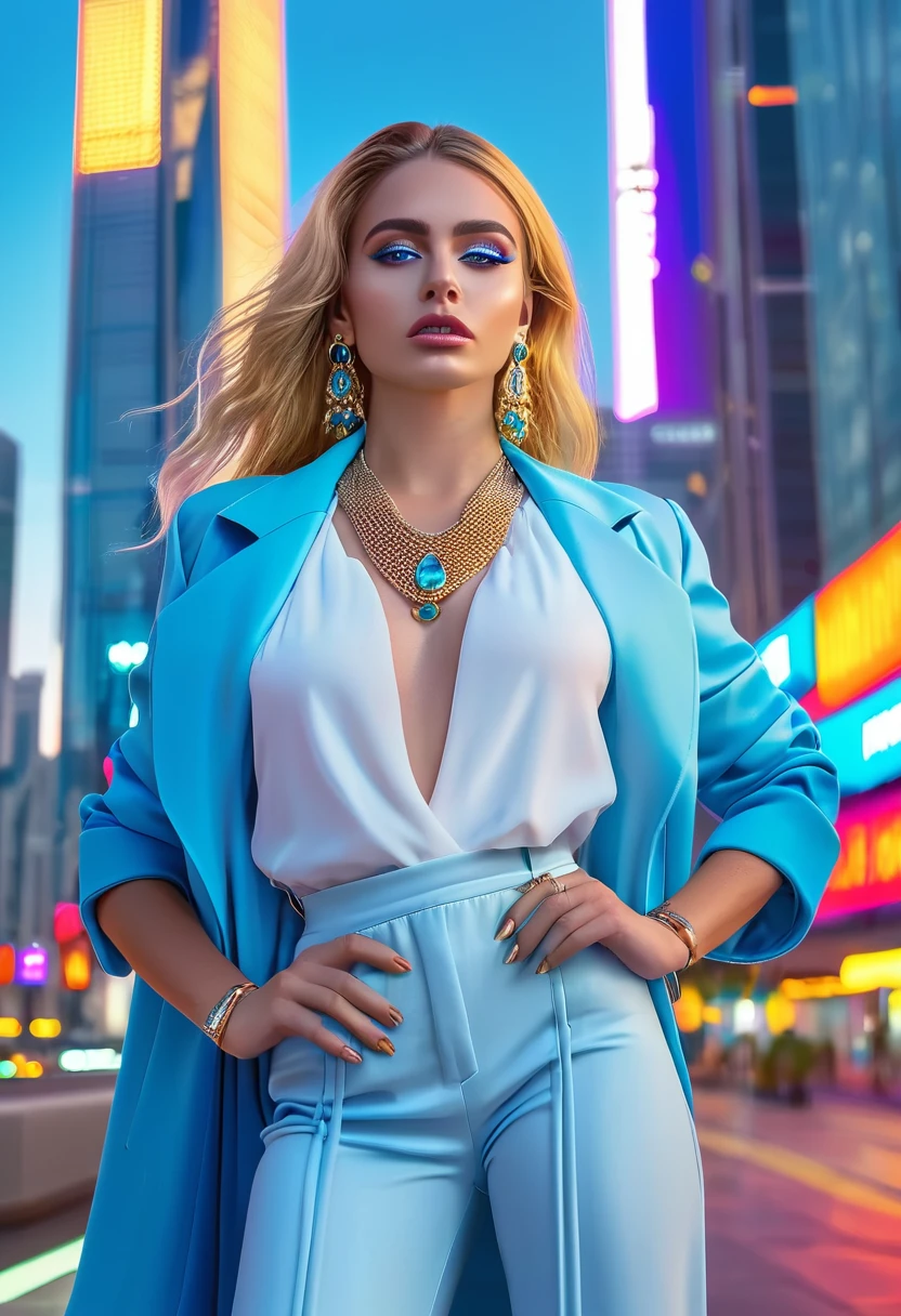 a stunning spanish woman with golden hair and piercing blue eyes, wearing fashionable clothing and jewelry, standing in front of a luxurious cityscape with skyscrapers and neon billboards, (best quality,4k,8k,highres,masterpiece:1.2),ultra-detailed,(realistic,photorealistic,photo-realistic:1.37),portrait,photography,cinematic lighting,detailed environment,vivid colors,fashion,luxury,cityscape