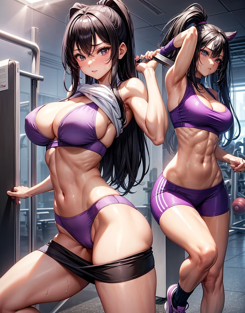 beautiful girl、、Black Hair、Long Straight、Great style、Nice body、Abdominal muscles、Muscular、Training Gym、Sports Bra、Light purple bra top、Cleavage、Lile bikini pants、Beautiful buttocks、Toned Legs and extension exercises、The whole body is visible、Sweaty skin、White training socks、shoes、One girl、True Face
