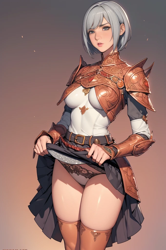 {best quality}, {very aesthetic}, {ultra-detailed}, {best illustration}, masterpiece,(((skirt lift:1.5))),((show off polka dots panties)),((Holy Knight)), ((Armor made from red copper))、((((Extremely detailed and intricately decorated armour:1.1)))),Red Cowboy Shot,Smooth udder、Big Tits、(Golden Ratio,Tabletop, Highest quality, Highest quality, Official Art, beautifully、beautiful:1.2), Very detailed, colorful,Best details,An illustration, Great scene, (Adult,19 years old,One Girl, alone, Final Fantasy 12,Asheria:1.5, Asheria:1.5, Asheria:1.5, short hair, short hair,Bobcut,Silver Hair:1.2,Asheria Costume:1.5, Asheria Costume:1.5, mini skirt,Knee socks, Thighs Thighs Thighs Thighs, gem, Blue Belt,Belt number 1),Course of action, A look of contempt ,