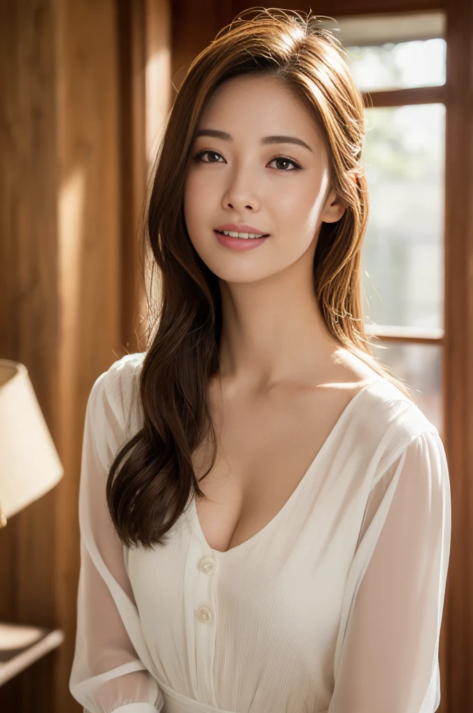 (masterpiece:1.3), (In 8K, Realistic, RAW Photos, Lowest Temperature: 1.4), Japanese 、(Random Hairstyles:1.2)、Cleavage、(Small Tits:1.3)、SExcellenter Detail Face、Contouring eyes、double eyelid、Sharp focus:1.2、Beautiful woman:1.4、A little brown hair、Highest quality、masterpiece、Ultra-high resolution、(Realistic:1.4)、Natural soft light、longest、Laughter、((Beautiful pose random))、Crossback(Crossback: 1.5)、Shining Sun、(Cleavage visible)、Chest Structure、Excellent、Detailed facial depiction、Fine skin、Fine grain、(The chest of the white blouse is open)、((outside of home))