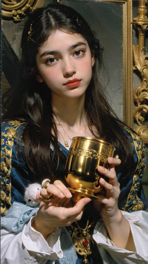 
Tarot card, 1 of Cups, young woman, beautiful face, holding the golden holy grail, white dove.