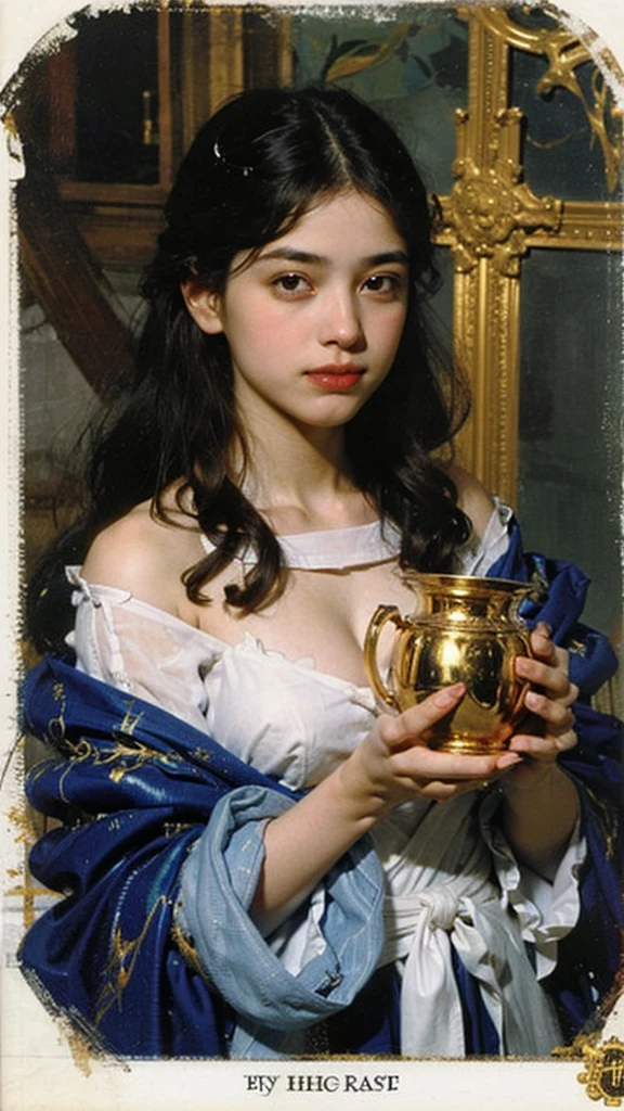 Anime style tarot card, 1 of Cups, young woman, beautiful face, holding the golden holy grail, white dove.