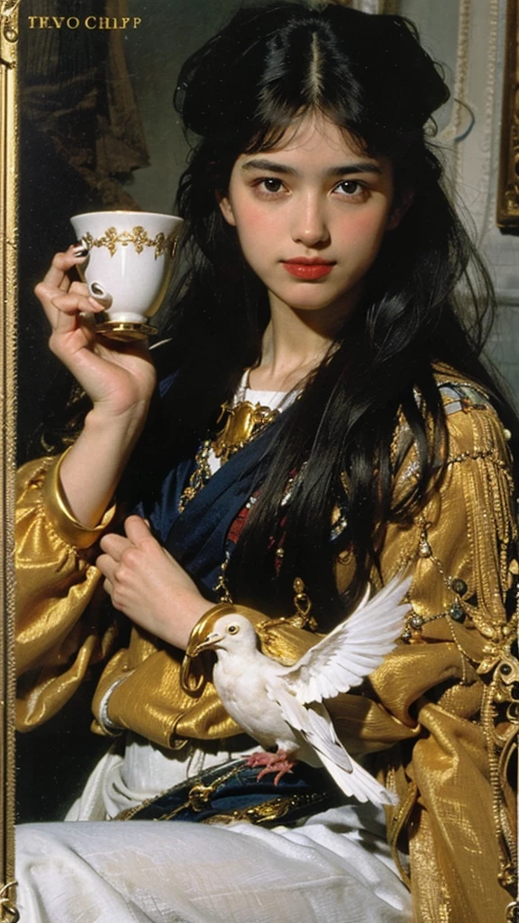 
Tarot card, 1 of Cups, young woman, beautiful face, holding the golden holy grail, white dove.