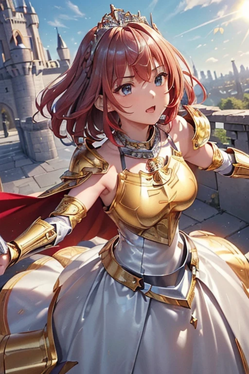 #Basics A girl is posing for a photo, animeのかわいい女の子, (((One Girl, , Young girs old))),
Bhing Accessories
((Silver and gold)Quinceañera(Long skirt dress)Armor of:1.6) + ((Silver and gold)Breastplate:1.6), ((Silver and gold)Gauntlet:1.6), (Red cape with shoulder pads:1.6), (Silver and gold)Combat Boots:1.4),
((Luxury Silver Bracelets, large silver necklace, Silver Tiara)),
BREAK
#Features
(((Red hair:1.6)), Bangs that expose the forehead:1.4, Chest-length sideburns:1.4 + Curly hair:1.4, (Short Hair : Curly Hair + Curled up + Plump and voluminous)),
(Droopy eyes,blue eyes), (Small breasts),
BREAK
#expression
(Glaring, Screaming, Angry),
#background environment
((noon, Sunshine + Castles in a fantasy world:1.4, Ready your sword:1.4)),
#composition
((To the camera:1.4, Dynamic Pose:1.4, Cowboy Shot:1.4)),
BREAK
#Body parts elements
(Detailed hair, Beautiful Hair, Shiny Hair),
(double eyelid, Long eyelashes),
(Expression of fine eyes, Beautiful and delicate eyes, Sparkling eyes, Eye Reflexes),
(Human Ear),
(Beautiful Nose, Thin Nose),
(Glossy lips, Beautiful Lips, Thick lips), (Symmetrical facial features),
(Detailed skin, Textured skin, Beautiful Skin),
BREAK
#Quality
(((Highest quality)), ((masterpiece)), ((Very detailed))), ((High resolution), (16K,1080P)),
(Realistic), (Anatomically correct),
((comics, anime)), (3DCG), CG illustration,