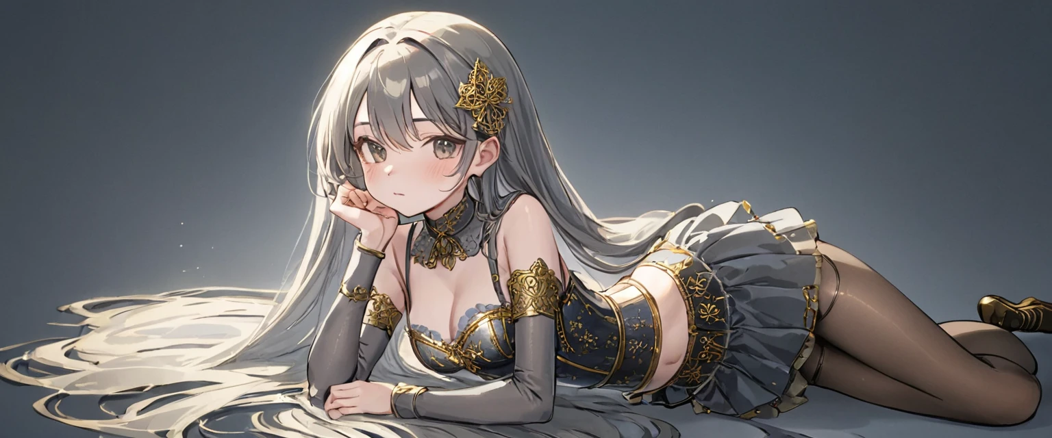 8 year old medieval girl, 1people、In underwear、Gold and silver thread embroidery、Translucent underwear drawers that reach below the knee(bloomers)Wearing、Wearing a semi-transparent corset、Translucent slip, Grey translucent tights、sleep