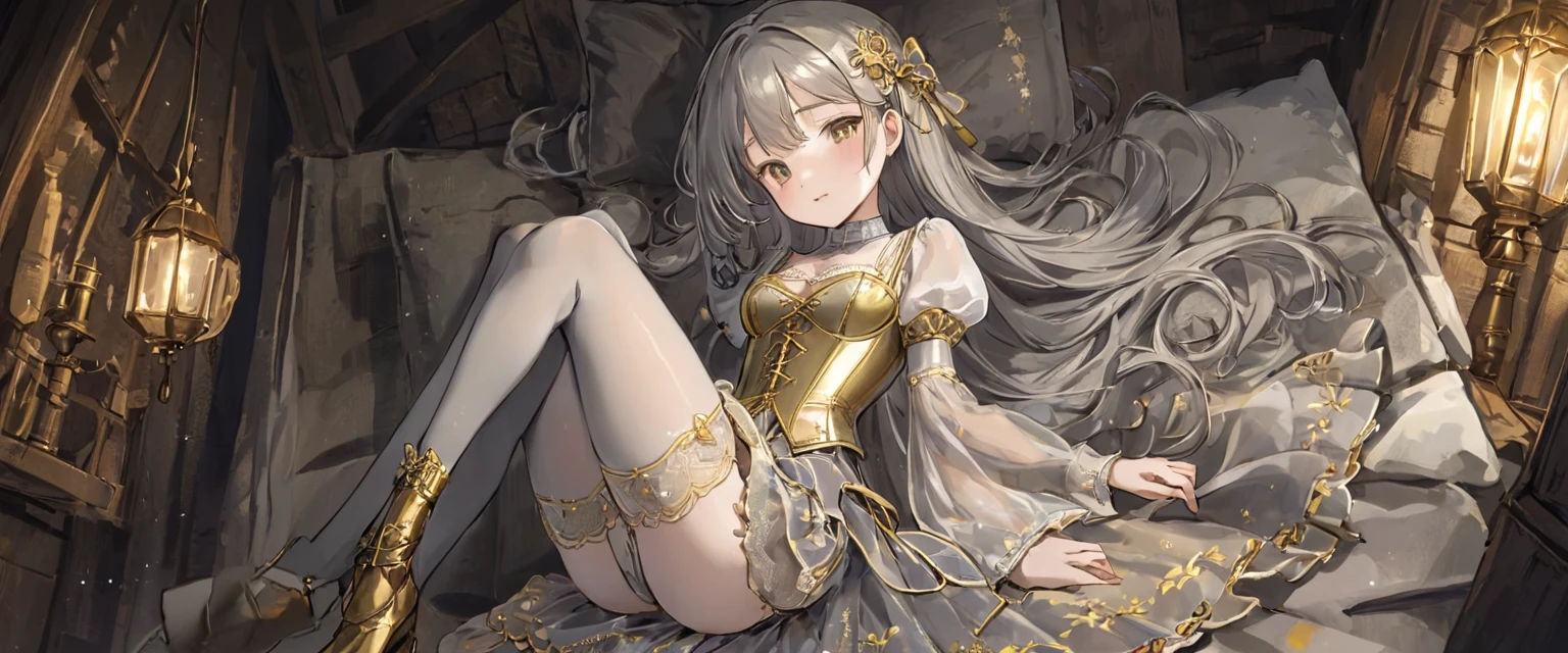 8 year old medieval girl, １people、In underwear、Gold and silver thread embroidery、Translucent underwear drawers that reach below the knee（bloomers）Wearing、Wearing a semi-transparent corset、Translucent slip, Grey translucent tights、sleep