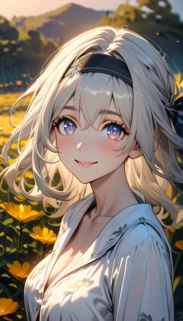 beautiful girl, long grey hair, beautiful face,smiling,close up to hips, beautiful breast, in the middle of flowers field, (open mouth:0.4),illustration,detailed textures(realists),ultra-detailed,portrait style,vivid colors,soft lighting, blushing, mature, hair fluttering, evening light , head band, half body, looking at viewer, cleavages, wearing beautiful night sleepwear, no bra, profile view
