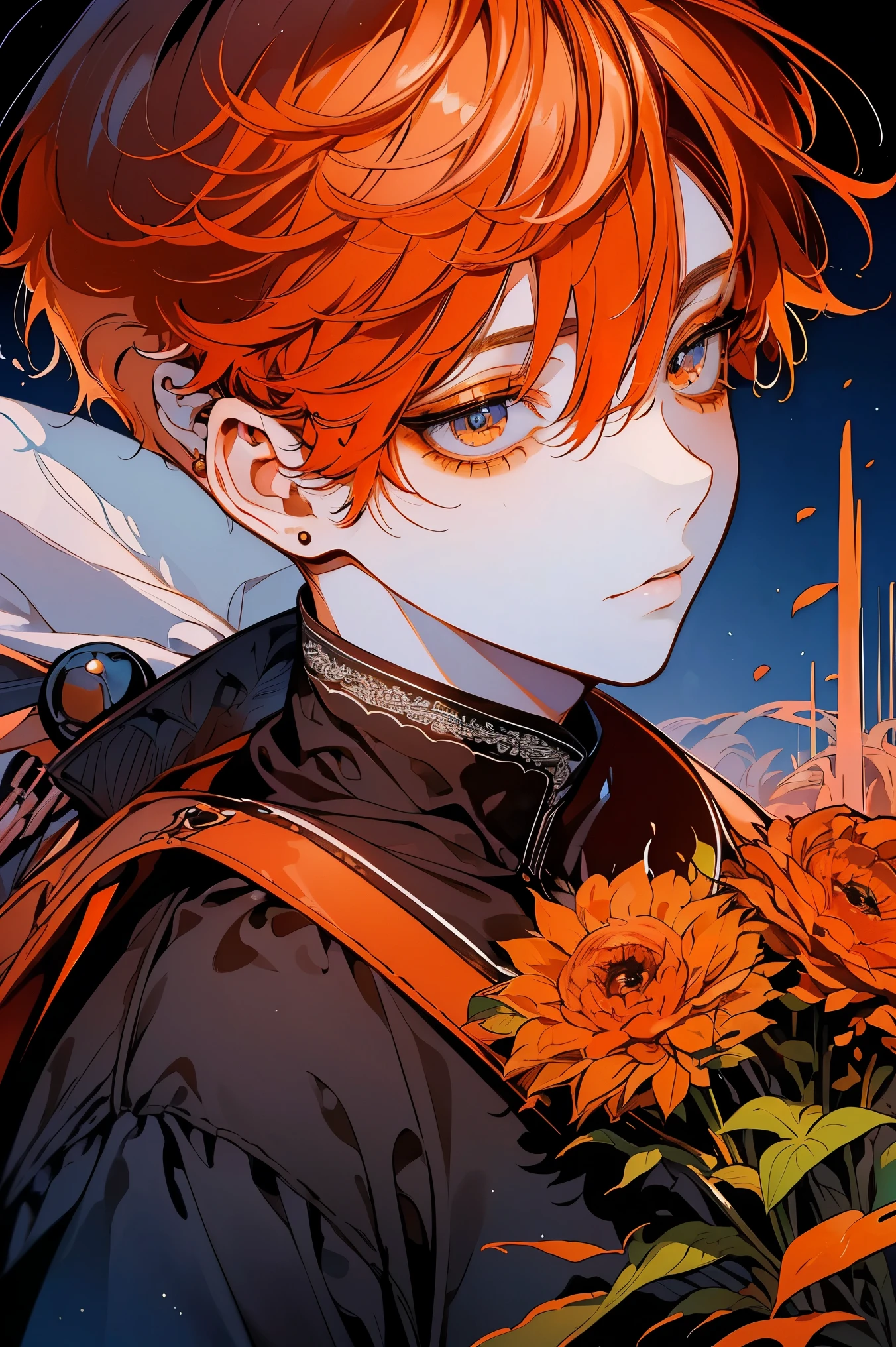 (Mastepiece), (Best Quality), Very detailed, 1 boy, Solo Shooting, Perfect Face, Beautiful Face, Very detailed顔,(Orange Hair:1.3),(Big eyes:1.4),(Long eyelashes:1.4)、(Orange eyes:1.3)、Lots of flowers