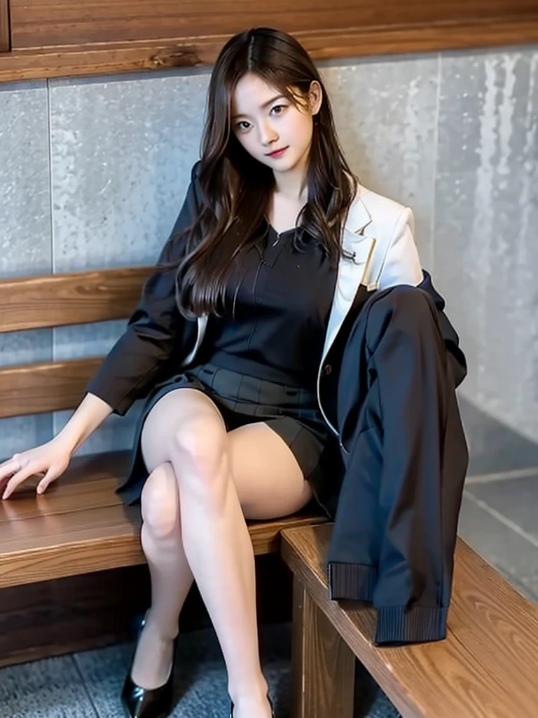 A lovely 21-year-old woman wearing a business suit and tight skirt is sitting on a horizontal wooden bench at the station, reading a book, with her legs crossed,