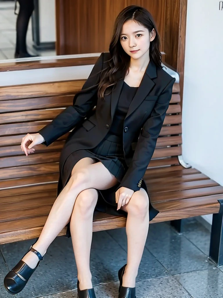 A lovely 21-year-old woman wearing a business suit and tight skirt is sitting on a horizontal wooden bench at the station, reading a book, with her legs crossed, 