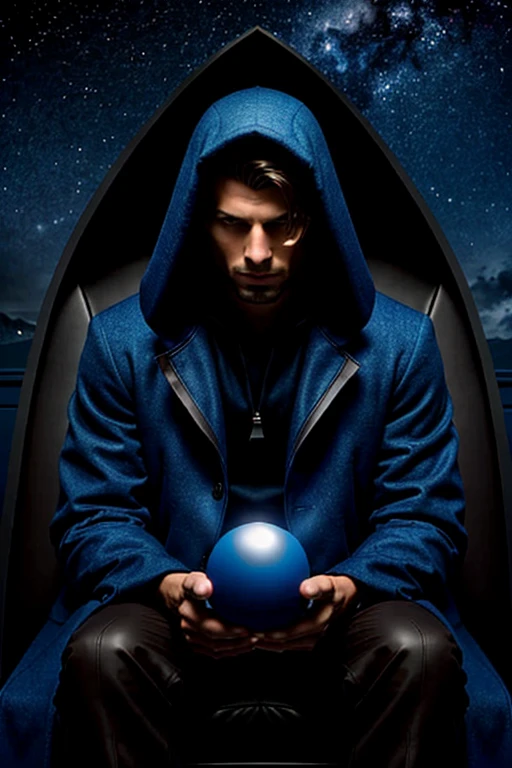 create a mysterious man in a blue coat and hood sitting in a mysterious and dark room holding a mysterious universe sphere 