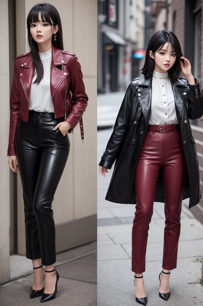 Create an outfit with pants and a leather jacket styled in the 70s and 90s with a white blouse and black heels and that is a very pretty and beautiful Korean woman wearing it and with black hair with a fringe and that the color of the jacket is the pants are a reddish wine color, like a marsala color....
