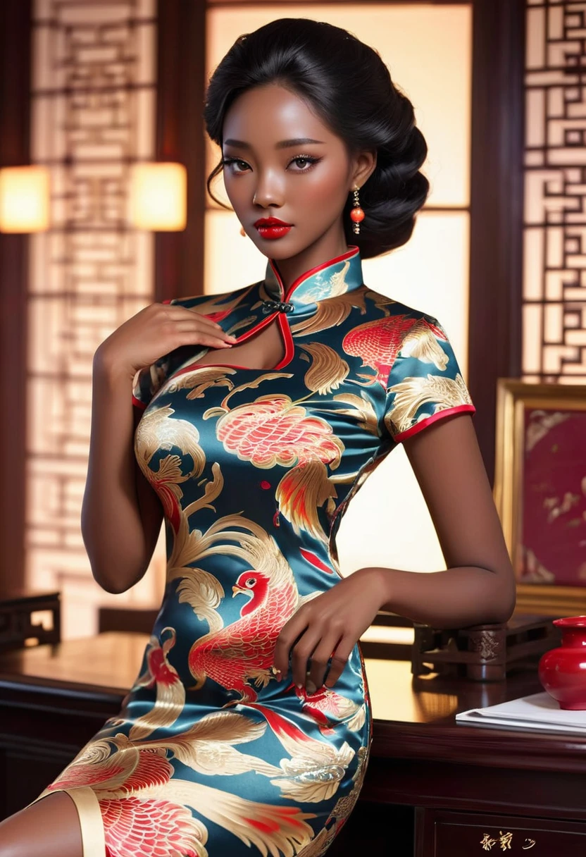 (masterpiece, best quality:1.2),Wavy hair secretary，solitary,Exquisite eyes,Fine black hair，Charming Eyeshadow( Black person:1.2)( Dark skin:1.2)，african man,( Smooth skin:1.2)( Wear a cheongsam with phoenix pattern:1.2)， Slender body proportions，Moist and sexy plump lips，Perfect fingers，Back，Gorgeous room