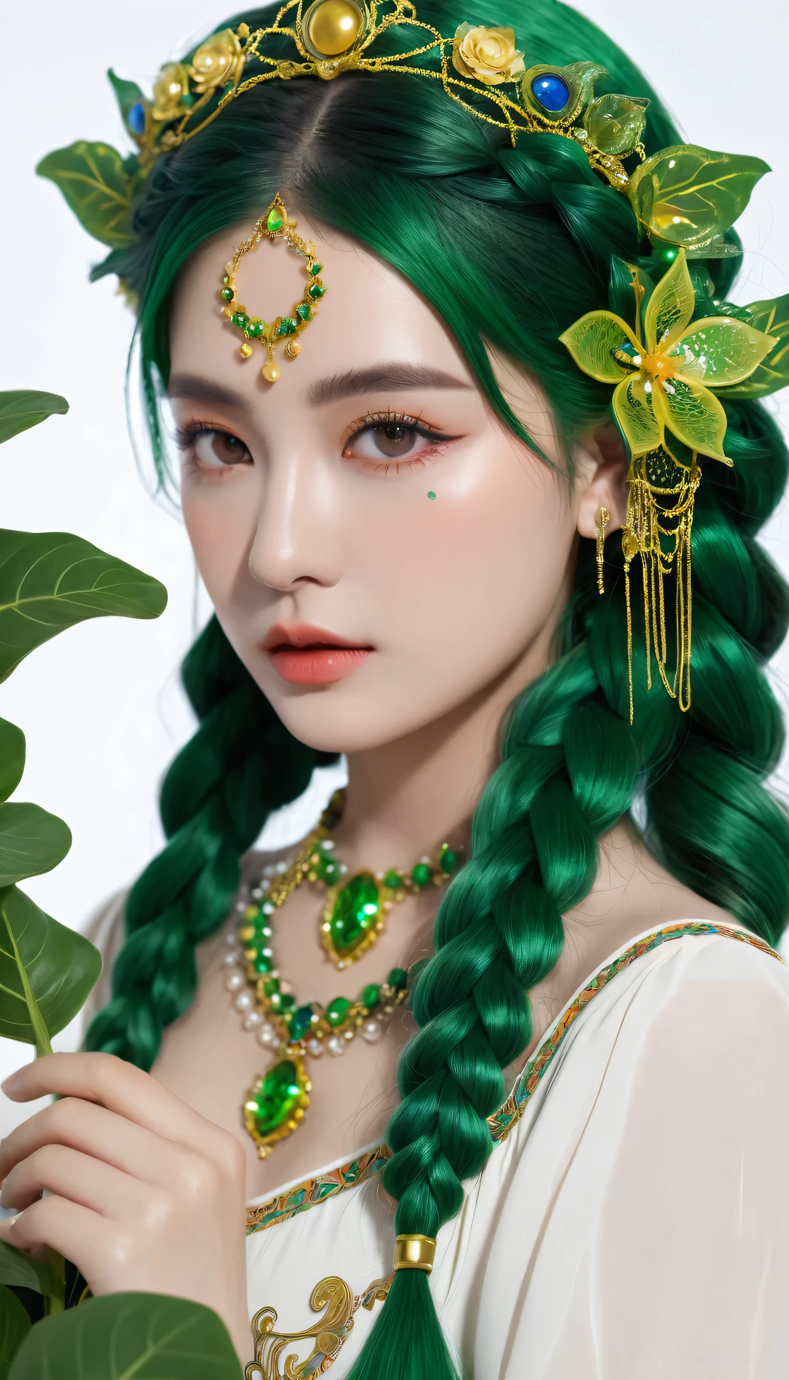 (masterpiece, top quality, best quality, official art, beautiful and aesthetic:1.2), (1girl:1.3), (fractal art:1.3), card, tarot, green hair, twin braids, hair flower, (good lighting:1.1), ((highres)), Tarot card style