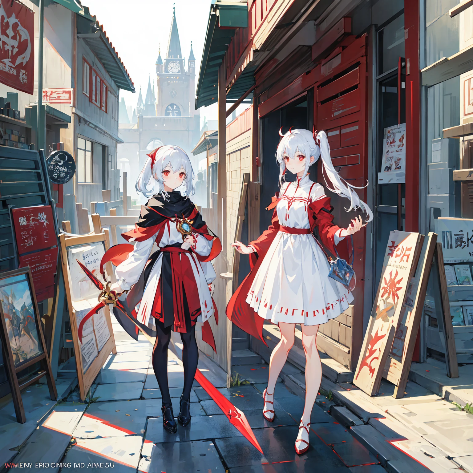 Wearing a red and white dress、anime girl holding sword, Highly detailed official artwork, Epic Light Novel Cover Art, epic Light novel cover art, Silver and red armor, guweiz on pixiv artstation, Anime style 4K, Detailed key animation art, Light novel cover art, Anime Fantasy Artwork，White hair and red eyes，Side Ponytail，Waist-length hair，one person，Portraiture，Reading