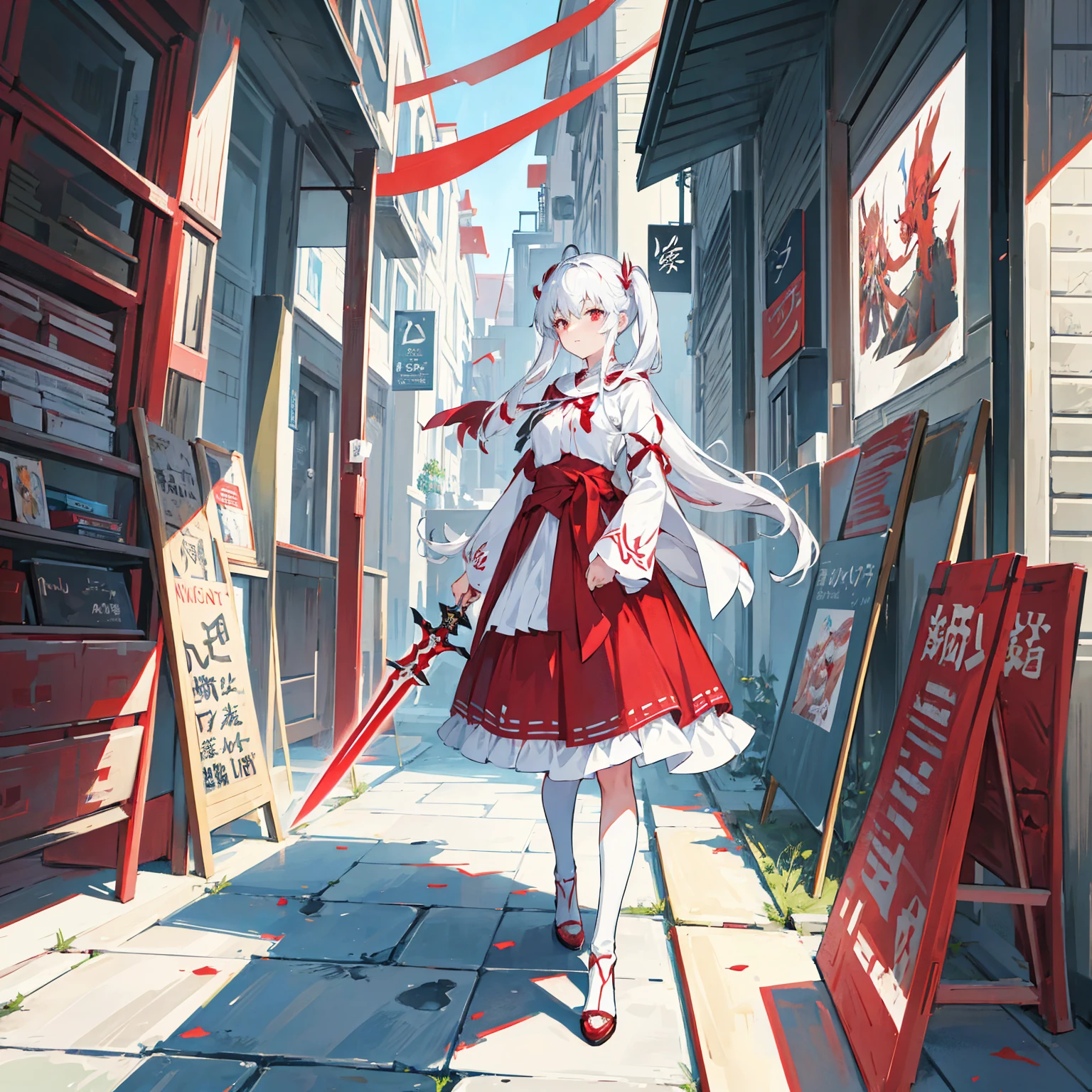 Wearing a red and white dress、anime girl holding sword, Highly detailed official artwork, Epic Light Novel Cover Art, epic Light novel cover art, Silver and red armor, guweiz on pixiv artstation, Anime style 4K, Detailed key animation art, Light novel cover art, Anime Fantasy Artwork,White hair and red eyes,Side Ponytail,Waist-length hair,one person,Portraiture,Reading