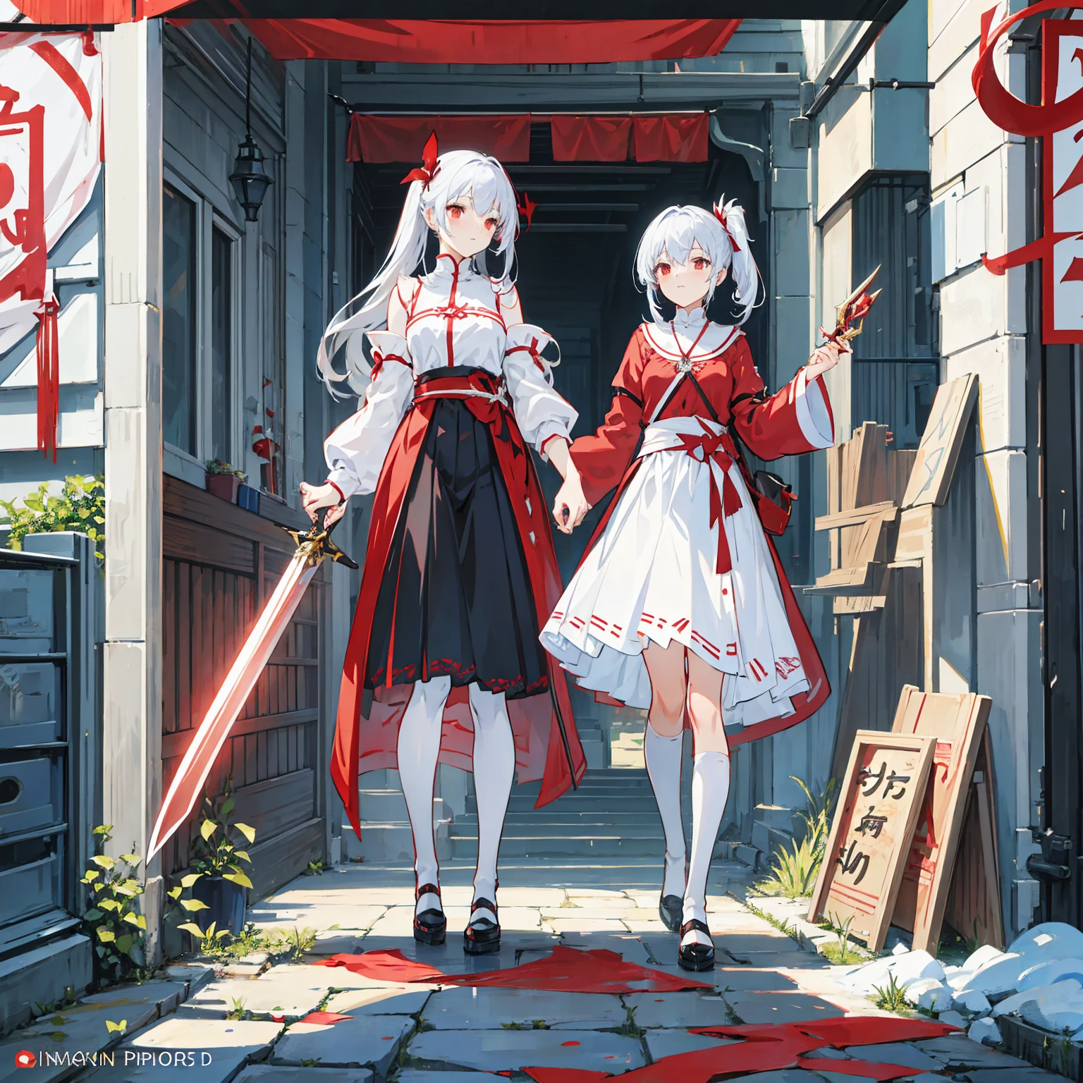 Wearing a red and white dress、anime girl holding sword, Highly detailed official artwork, Epic Light Novel Cover Art, epic Light novel cover art, Silver and red armor, guweiz on pixiv artstation, Anime style 4K, Detailed key animation art, Light novel cover art, Anime Fantasy Artwork,White hair and red eyes,Side Ponytail,Waist-length hair,one person,Portraiture,Reading